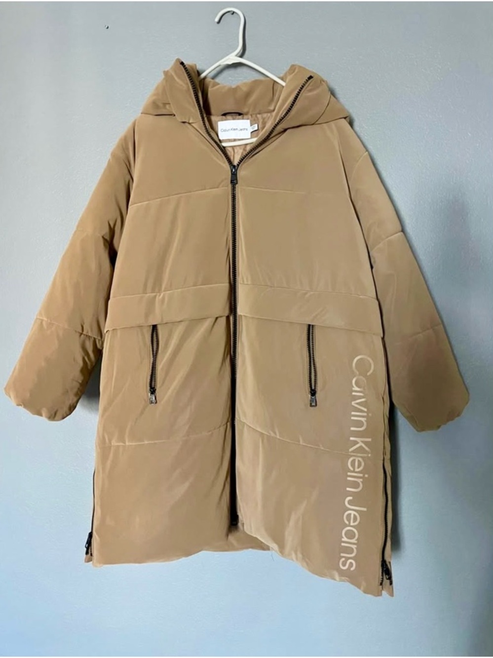 Calvin Klein Jeans Tan Hooded Puffer Coat with Side Logo